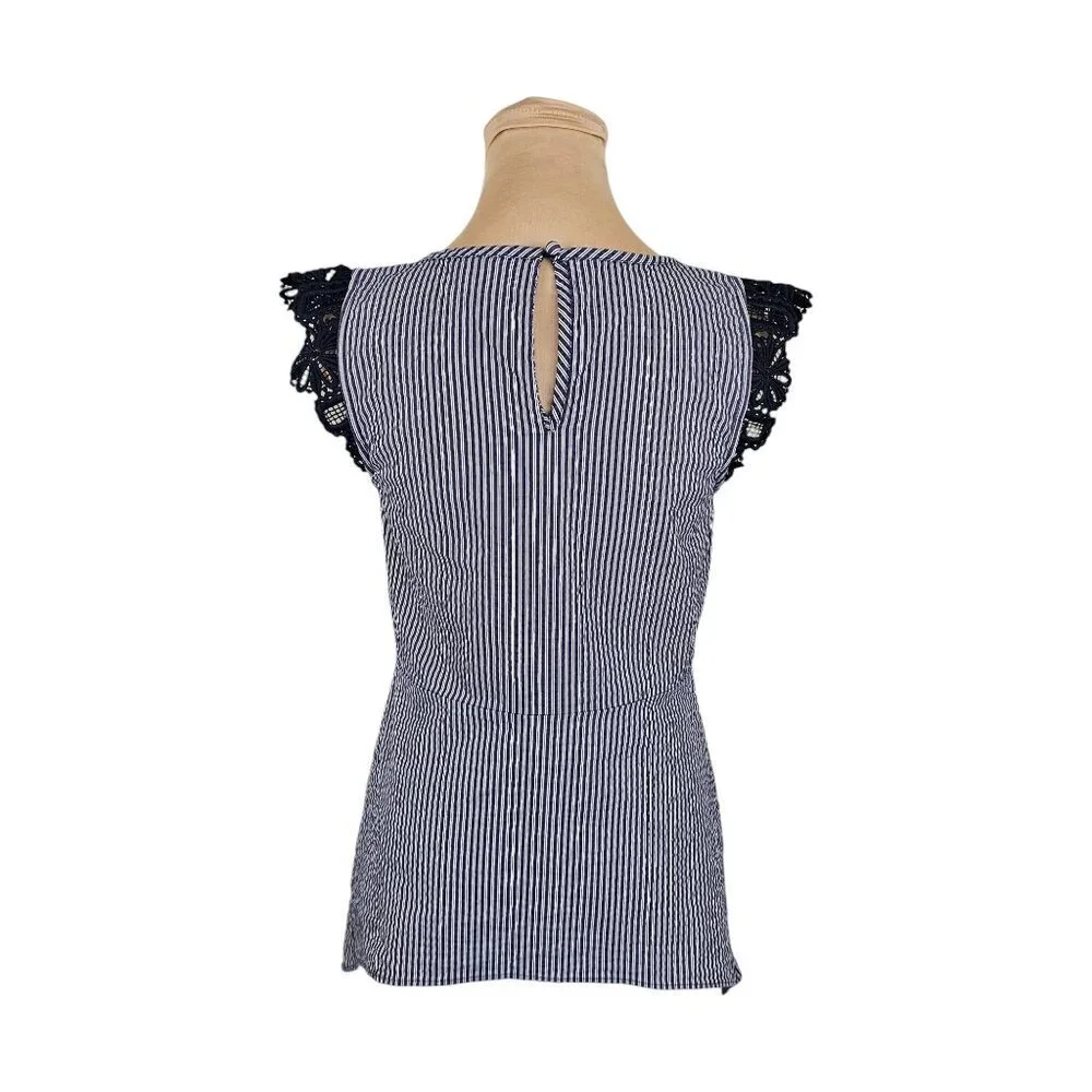 Cabi Navy Blue and White Striped Blouse With Frilly Lace Shoulders Sz XS - Picture 4 of 8